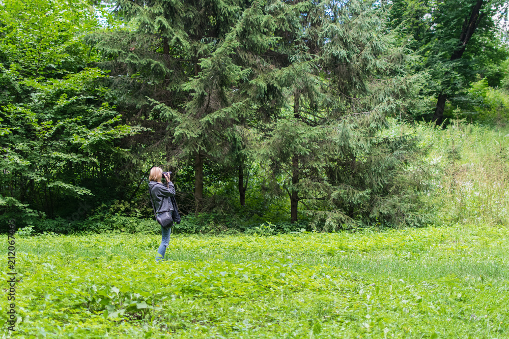 Woman photographer taking photo in a green forest in the summer. Woman photographer taking photo in a green forest in the summer.