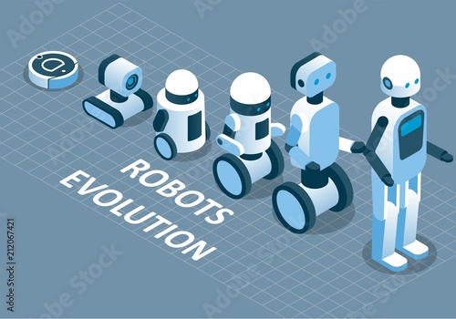 Evolution of robots vector isometric illustration