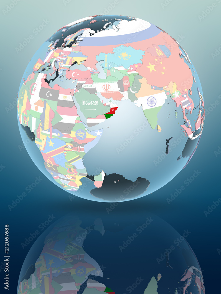 Obraz premium Oman on globe with flags