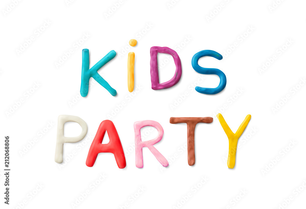 Handmade modeling clay words kids party. Realistic 3d vector lettering isolated on white background. Creative colorful design. Children cartoon style. Handmade modeling clay words kids party. Realistic 3d vector lettering isolated on white background. Creative colorful design. Children cartoon style.