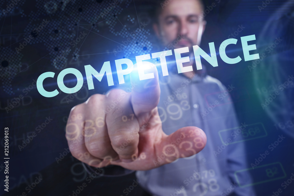 The concept of business, technology, the Internet and the network. A young entrepreneur working on a virtual screen of the future and sees the inscription: Competence The concept of business, technology, the Internet and the network. A young entrepreneur working on a virtual screen of the future and sees the inscription: Competence
