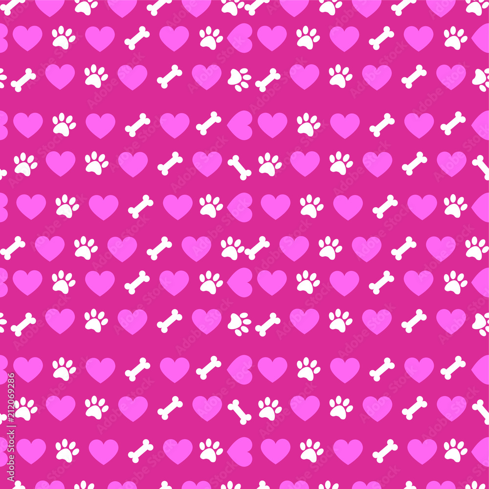Seamless pattern with hearts, bones and dog paws