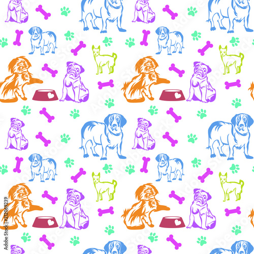 Fototapeta Naklejka Na Ścianę i Meble -  Funny seamless pattern with dogs and bones and paws. Colorful illustration of dogs