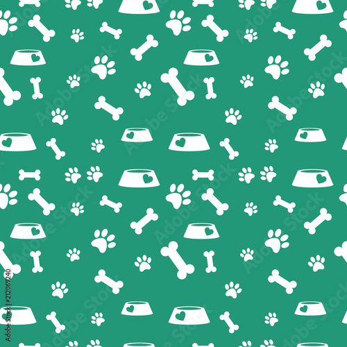Seamless pattern with feed bowl and bones and dog paws