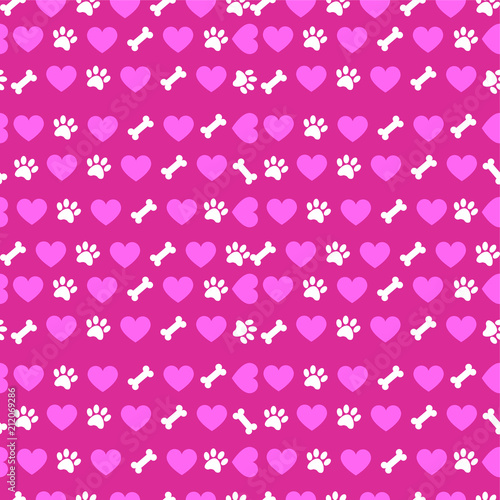 Seamless pattern with hearts, bones and dog paws