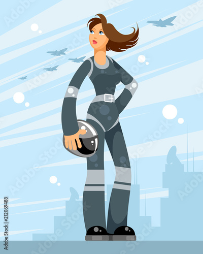 Female pilot on planes background