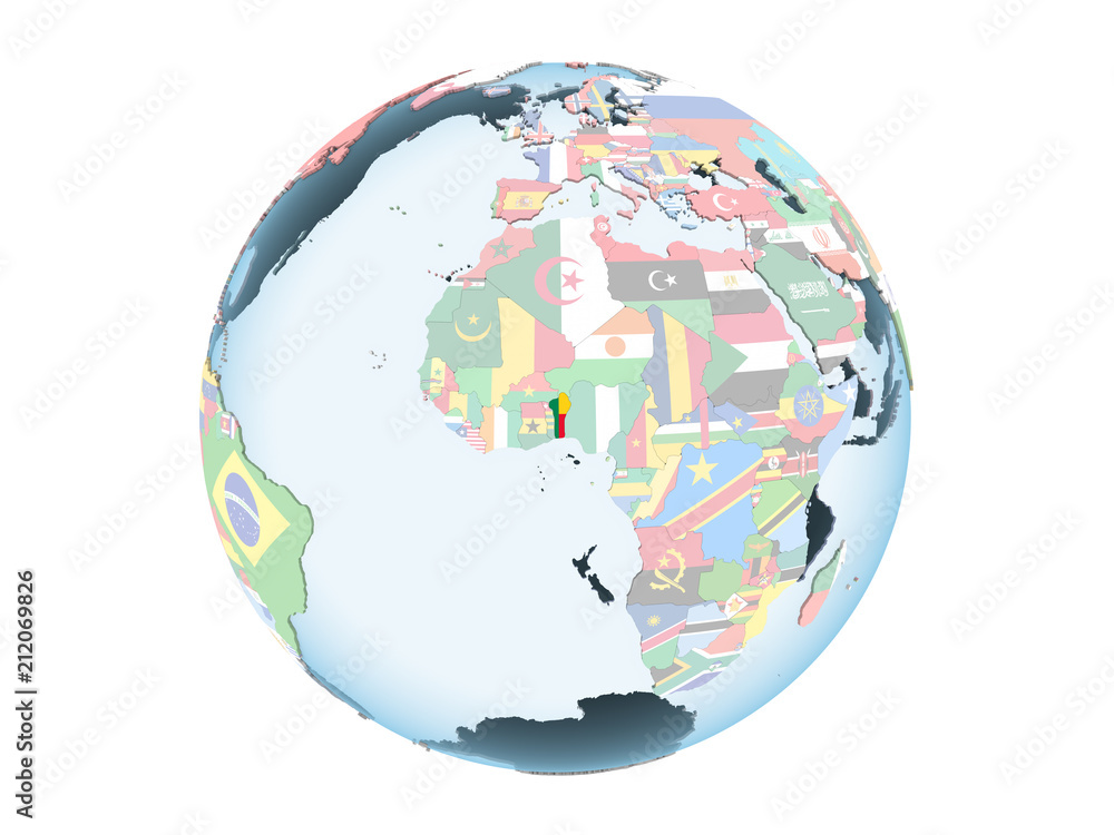 Obraz premium Benin with flag on globe isolated