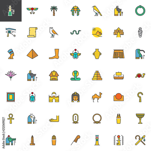 Egypt elements filled outline icons set, line vector symbol collection, linear colorful pictogram pack. Signs, logo illustration, Set includes icons as Hieroglyph, Pharaoh, Papyrus, Pyramid, Nefertiti