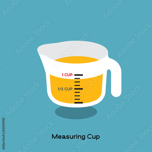 MEASURING CUP
Glass measuring cup, a kitchen utensil, with yellow fluid on blue background. There is scale marked on.