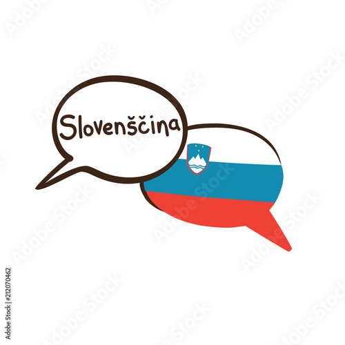 Translation: Slovenian. Vector illustration of hand drawn doodle speech bubbles with a national flag of Slovenia and hand written name of language. Linguistic course or translation agency design