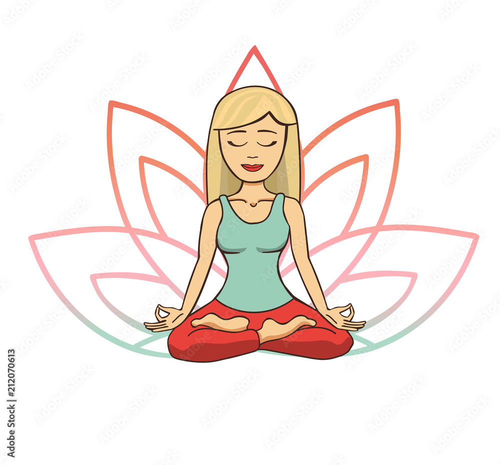 Cute beautiful cartoon girl in yoga lotus pose, meditating and