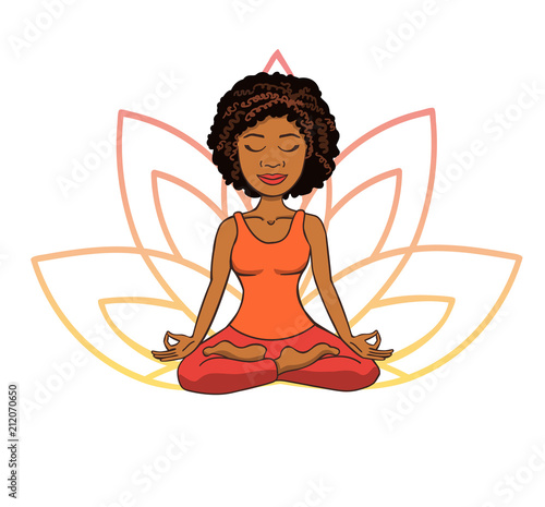 Vector doodle illustration of cute young african girl meditating in lotus pose with flower petals behind. Cartoon character for yoga and meditation practice isolated on white.