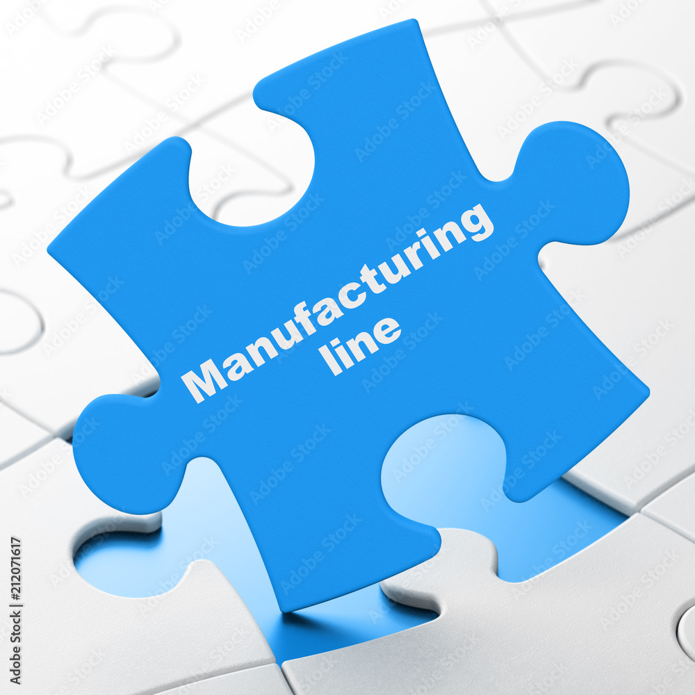 Manufacuring concept: Manufacturing Line on Blue puzzle pieces background, 3D rendering