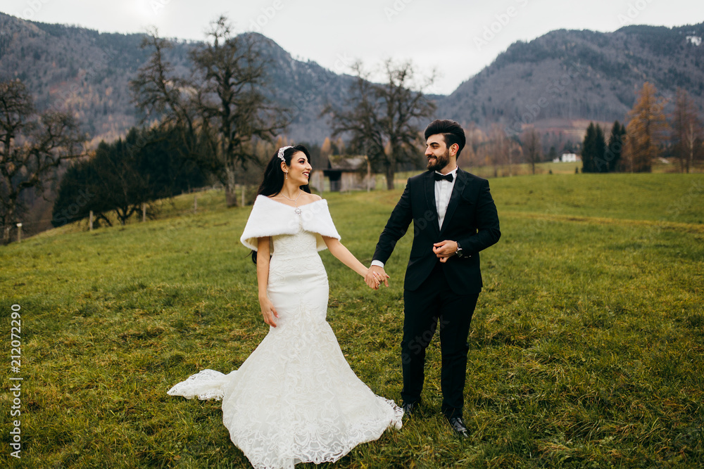 Elegant wedding couple near the mountains at autumn