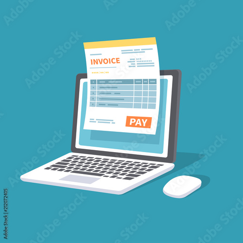 Online payment service. Invoice form on the laptop screen with a pay button. Internet banking concept. Online paying, bookkeeping, accounting. Vector illustration isolated.