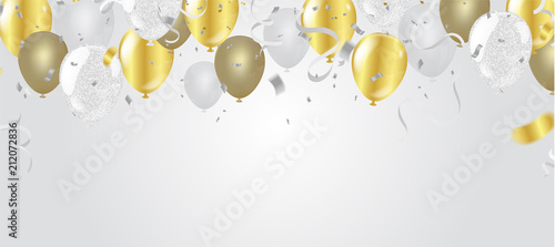 Vector party balloons illustration. Confetti and ribbons flag ribbons, Celebration background template balloon White Gold