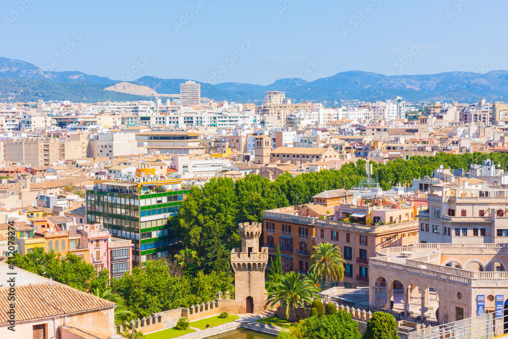 View over the rooftops  of Palma and Tramuntana mountains from  the terrace of the Cathedral of Santa Maria of Palma, also known as La Seu
