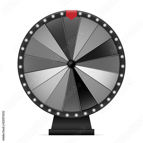 Fortune wheel. Black and white lucky spin with red arrow. Isolated object on white background. Vector illustration. 