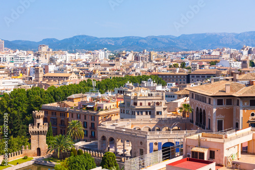 View over the rooftops  of Palma and Tramuntana mountains from  the terrace of the Cathedral of Santa Maria of Palma, also known as La Seu © Jeanne Emmel