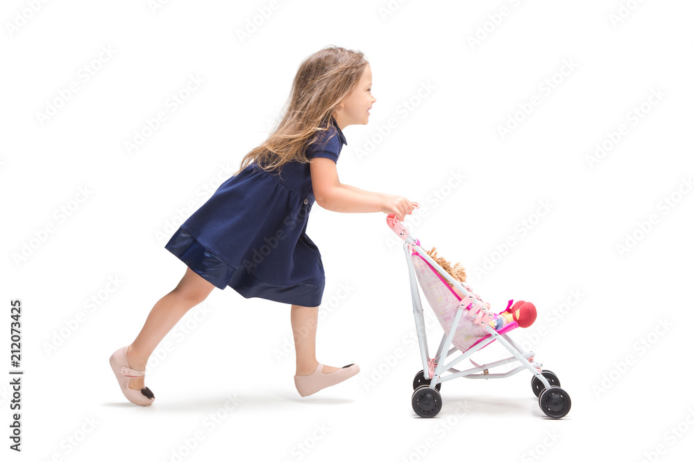 Smiling cute toddler girl three years running over white background Smiling cute toddler girl three years running over white background