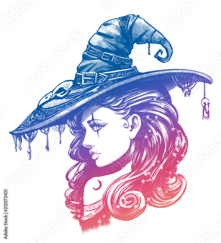 Charming witch in a big fancy hat photo