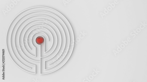 Round white labyrinth maze game with entry and exit, find the path to the apple concept, love temptation background idea with copy space photo