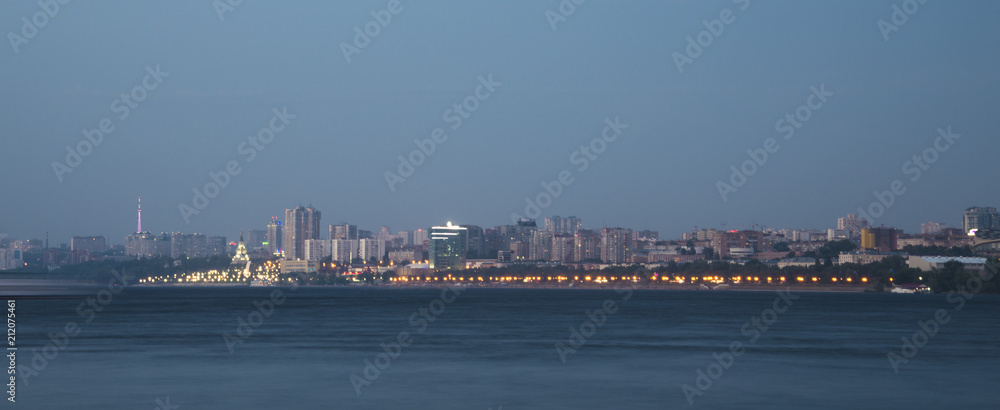 Volga river embankment in the evening in Samara, Russia. Panoramic view of the city. 3 July 2018