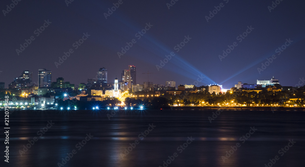 Volga river embankment at night in Samara, Russia. Panoramic view of the city. 3 July 2018