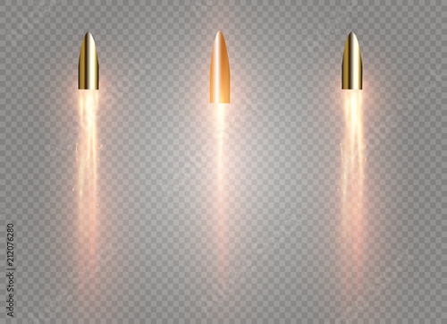 A flying bullet with a fiery trace. Isolated on a transparent background. Vector illustration