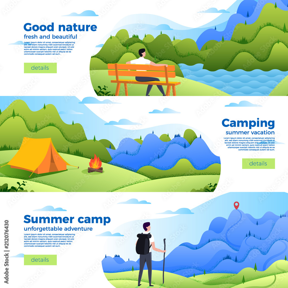 Vector set of bright banner templates with park, camp and mountain hike. Forest, river and mountains on soft background. With place for your text.