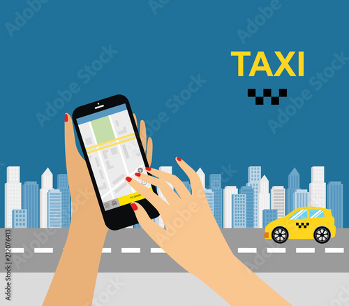 Taxi service. Smartphone and touchscreen, city skyscrapers.Transportation network app, calling a cab by mobile phone concept.