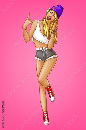 Vector pop art hipster girl listens music in headphones with closed eyes and sings song. Young blonde woman in purple hat, shorts and earphones having fun and shows cool gesture with hand
