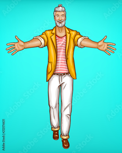 Vector pop art hipster guy with open arms, happy from meeting and wants to give hugs. Old man with gray beard in glasses, jacket and trousers isolated on background. Concept for ad poster, banner