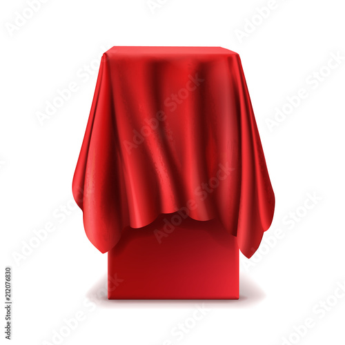 Vector realistic stand covered with red silk cloth isolated on white background. Empty podium, tribune with tablecloth for speech or presentation. Secret box, hidden under satin fabric with drapery