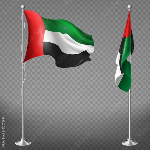 Vector 3d realistic flags of United Arab Emirates on steel poles isolated on transparent background. National symbol of UAE, silk waving banner on flagpole in green, white, black and red colors