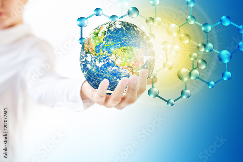 Wallpaper Mural Molecules and globus in hand, Molecular medical, ecology abstraction in hand. Virus and planet Earth. Molecule and atoms abstract background. Medical, chemical, full 3d background Torontodigital.ca