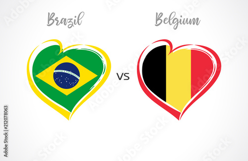 Brazil vs Belgium flags, national team soccer on white background. Brazilian and Belgian national flag in a heart, button vector. Football world championship quarter-final of the competition 2018