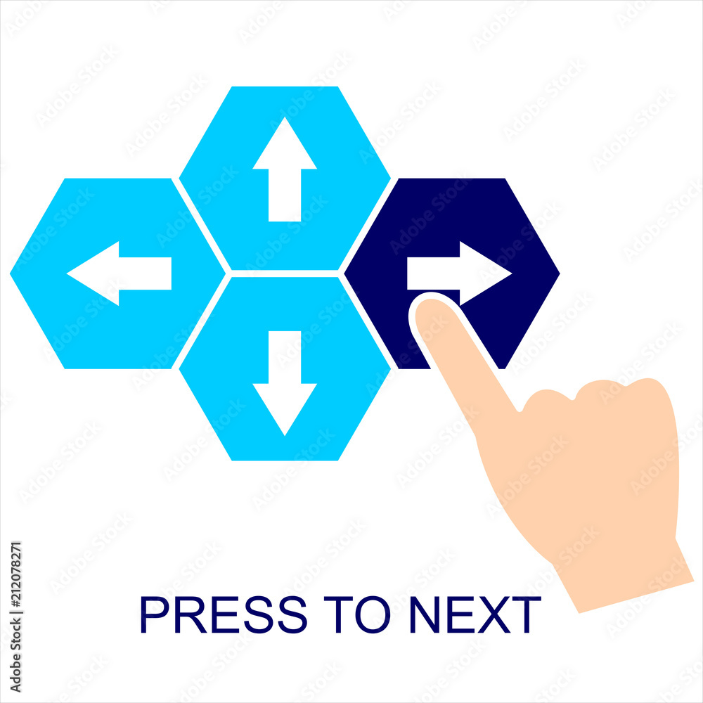 Hand pressing or pushing the next or right button.Top view. Flat style Hand pressing or pushing the next or right button.Top view. Flat style