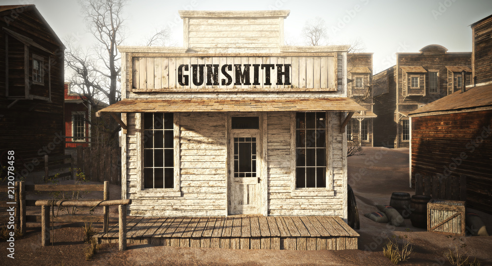 Western town rustic gunsmith weapons and ammunition s supply store