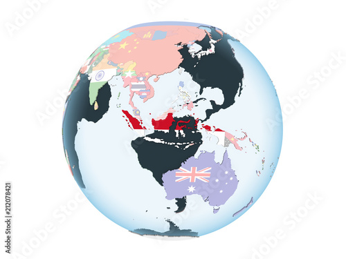 Indonesia with flag on globe isolated