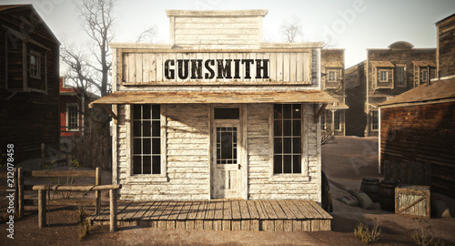 Western town rustic gunsmith weapons and ammunition's supply store. 3d rendering . Part of a Western town series.