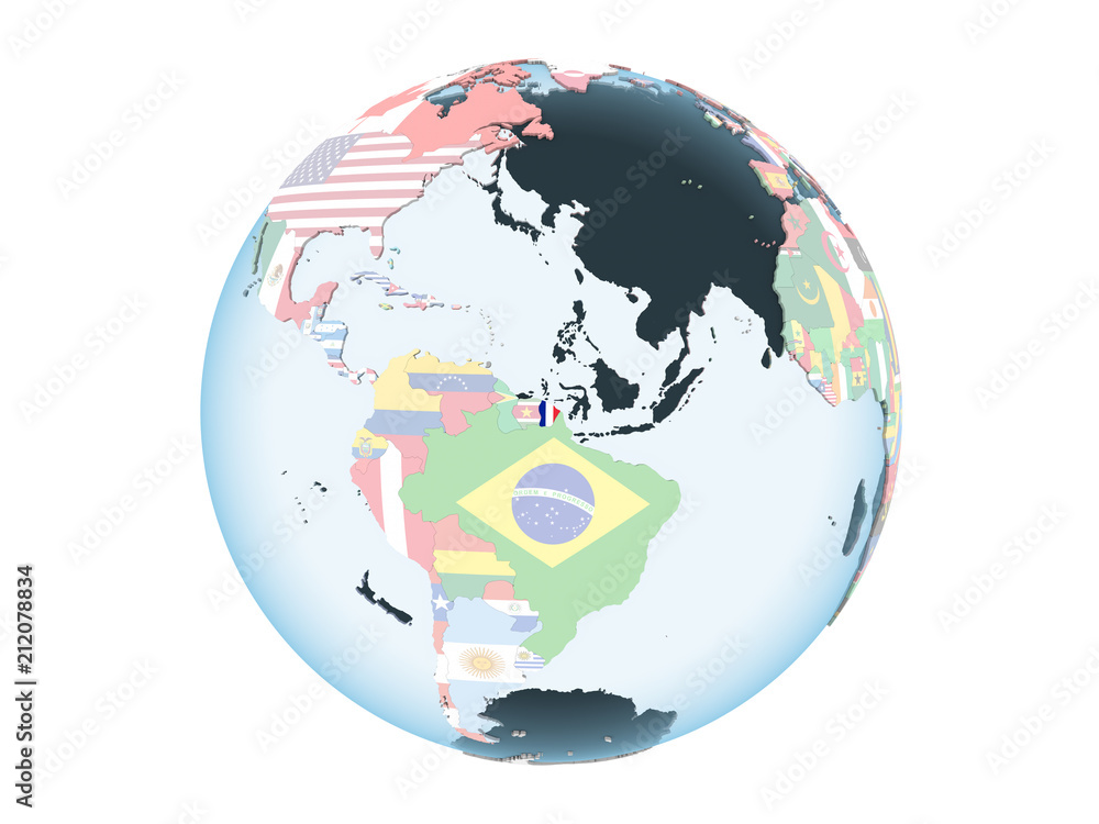 Obraz premium French Guiana with flag on globe isolated