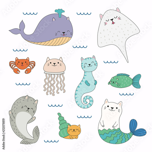 Hand drawn vector illustration of a kawaii funny sea animals with cat ears, swimming in the sea. Isolated objects on white background. Line drawing. Design concept for children print.