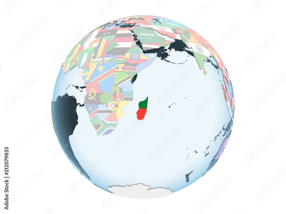 Obraz premium Madagascar with flag on globe isolated