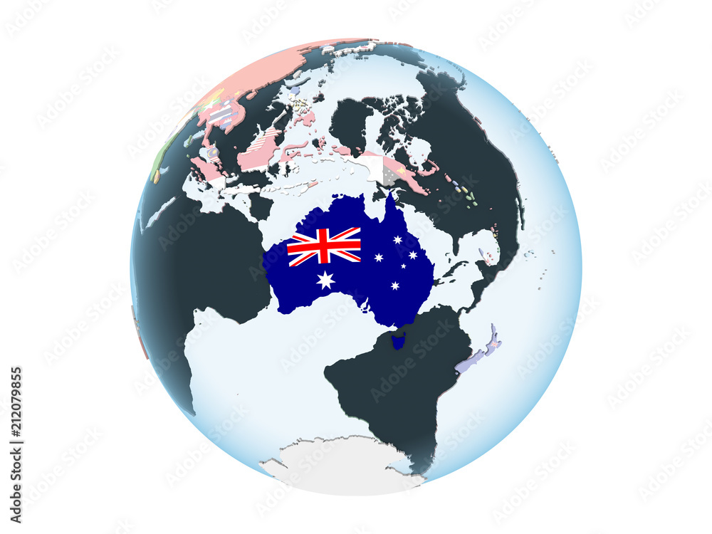 Australia with flag on globe isolated