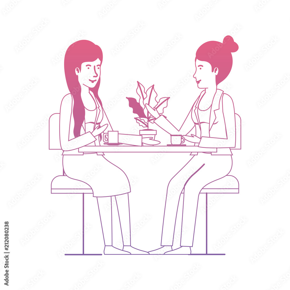 women in the table drinking coffee with house plant vector illustration design