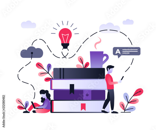 Flat vector characters working with laptop and smartphone. Modern ultraviolet gradient illustration of distance learning, online courses, education, online books, exam preparation, e-learning.