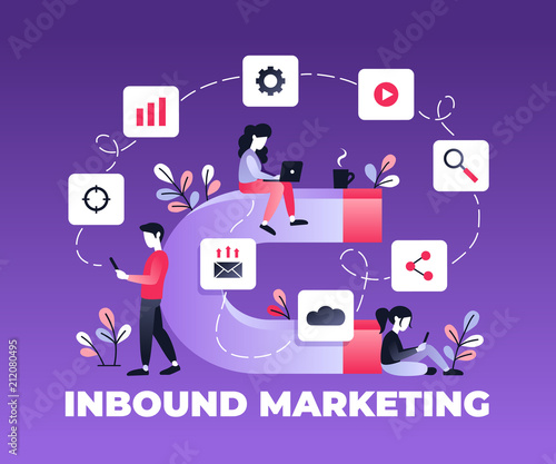 Vector ultraviolet illustration of attracting online customers. Big magnet and people with laptop around. Customer retention strategy, digital inbound marketing, customer attraction gradient banner.