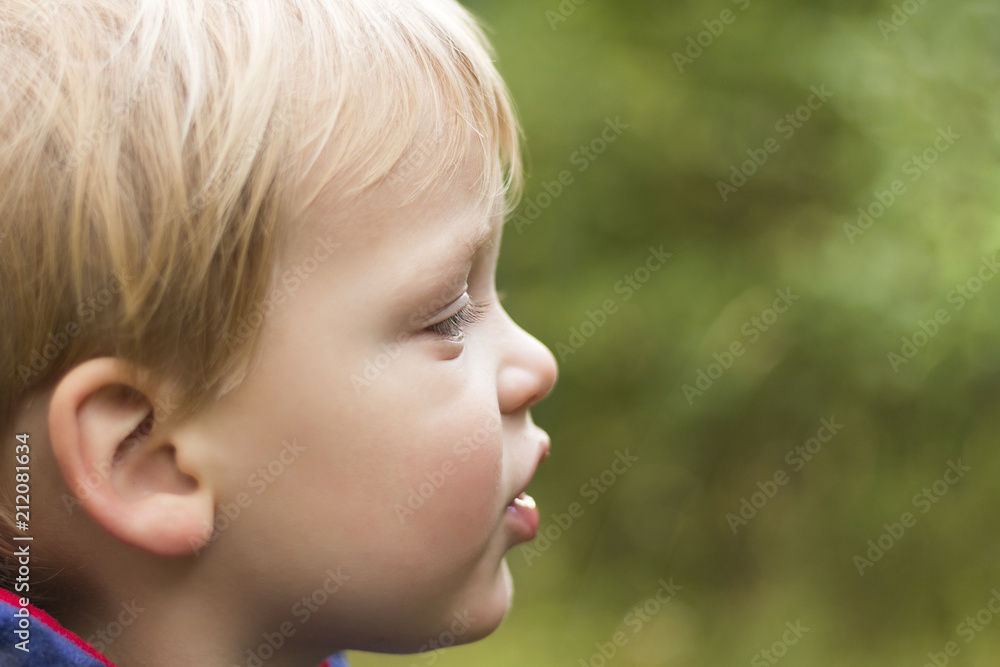Outdoor closeup portrait of little boy with serious face in profile Outdoor closeup portrait of little boy with serious face in profile