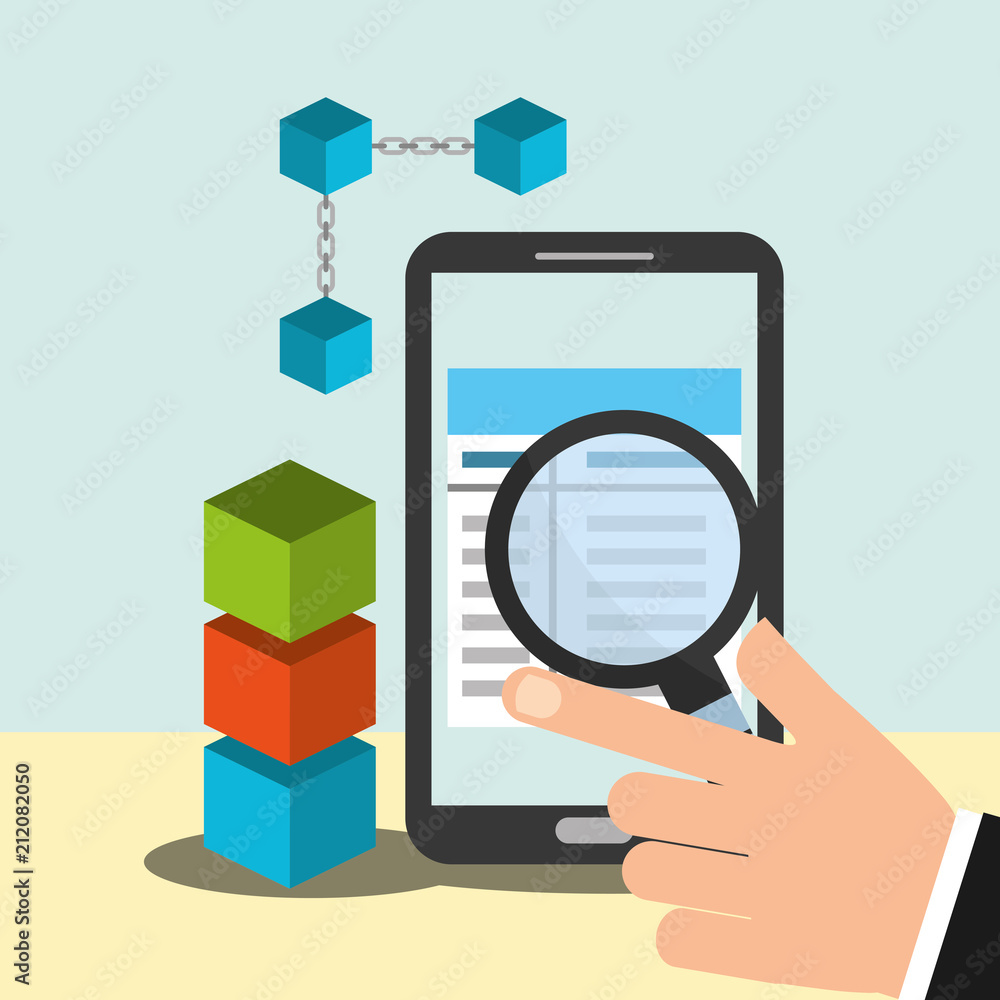 hand with magnifying glass smartphone blockchain hand with magnifying glass smartphone blockchain